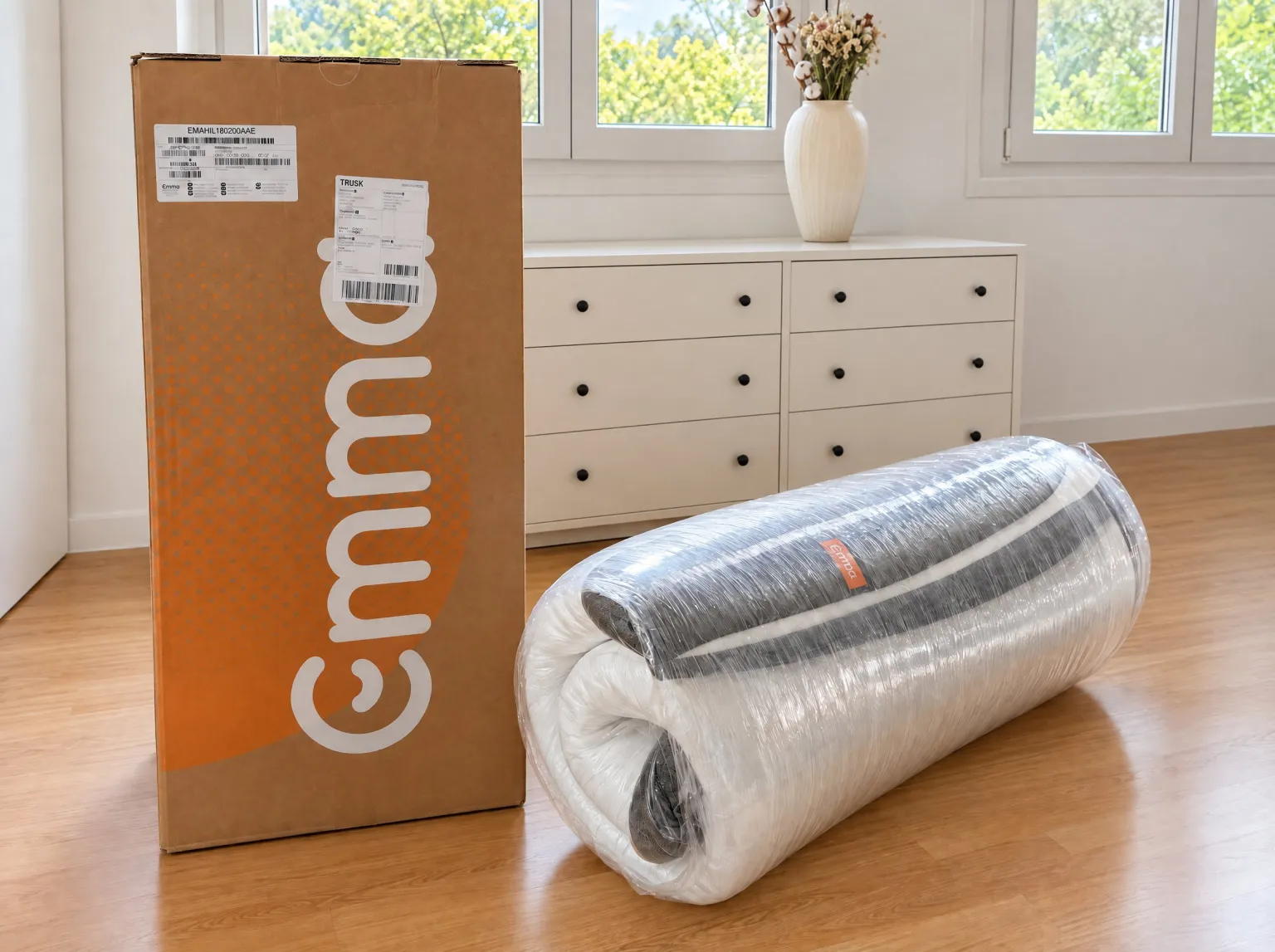 Déballage du Matelas Emma Original Lite 180x200 : le carton Emma siglé et le matelas encore roulé sous film, reçu quelques jours après la commande