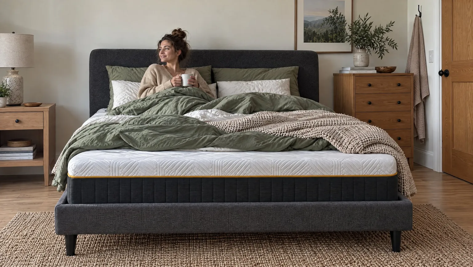 Le Matelas Emma Original Pro installé dans notre chambre de test : 27 cm d'épaisseur sur sommier tapissier, accueil moelleux immédiat