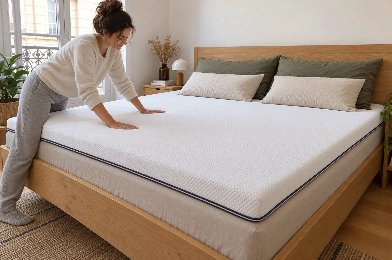 Mise en place du Surmatelas Emma Original 180x200 sur notre lit de test : les 6 cm de mousse se déploient à plat en quelques heures, sans pli résiduel